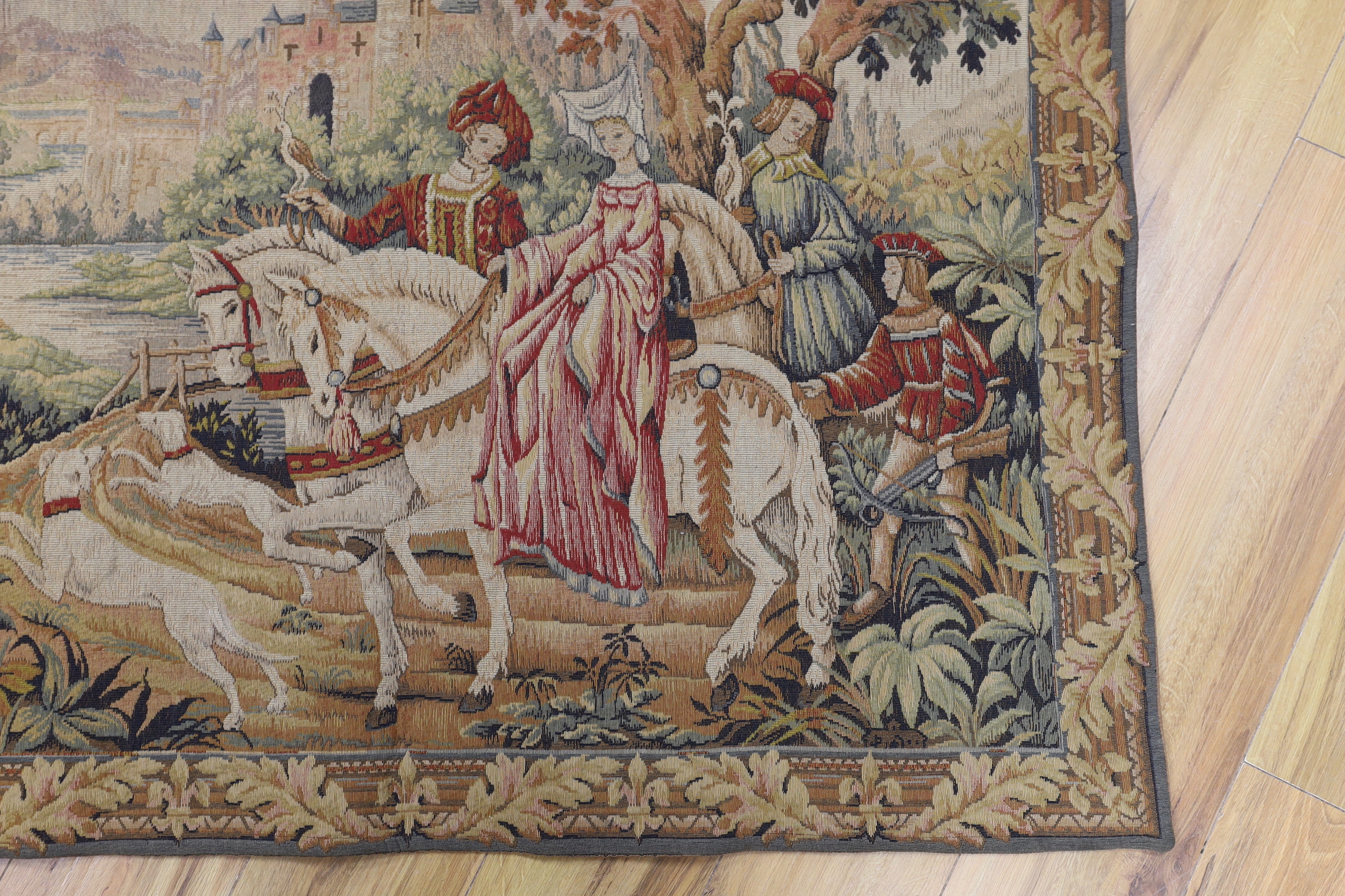 A machine tapestry panel of a Medieval figurative scene, 115cm wide, 91cm (not including hanging loops)